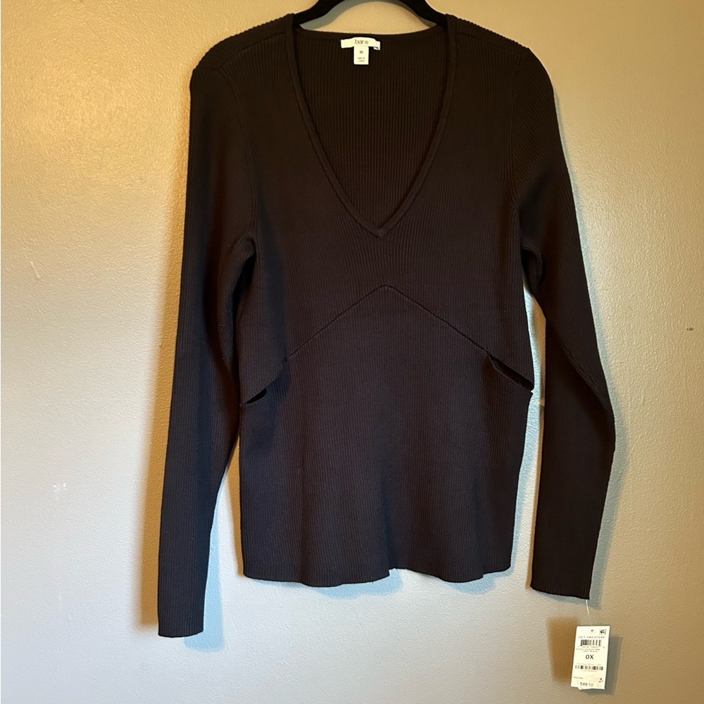 NWT Bar III Sz 0X Women’s Black Ribbed Cutout V-neck Long Sweater Blouse Top!